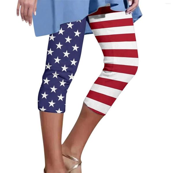Leggings femininas independência dia bandeira impressão recortada para mulheres verão casual sem costura elástica cintura alta leggins treino de fitness collants