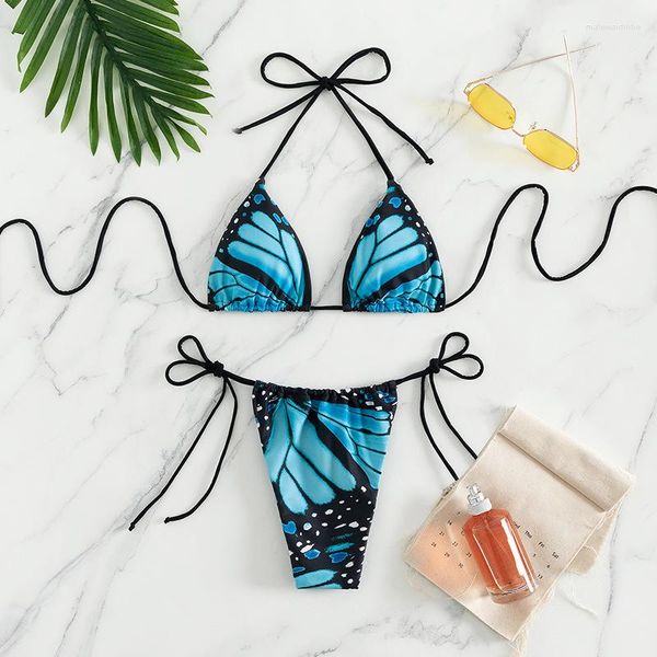 Damen-Badebekleidung, sexy Bikini, Push-Up-Bikini, dreieckig, mit Schnürung, brasilianischer Tanga, Schmetterlingsdruck, Badeanzug, Badeanzug, Strandkleidung