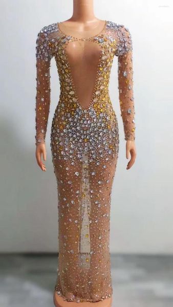 Stage Wear Sexy Argento Oro Cristalli Maglia trasparente Abito lungo Ballerino Performance Strass Vestito Compleanno Festeggia collezioni di danza