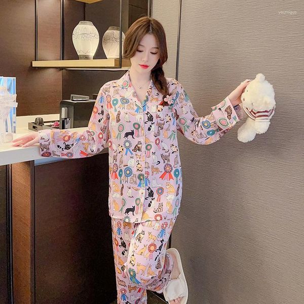 Indumenti da notte da donna Cute Print Cartoon 2 pezzi Pjs Summer Satin Home Clothes Pigiama a maniche lunghe Suit Women Fashion Loungewear Pantaloni