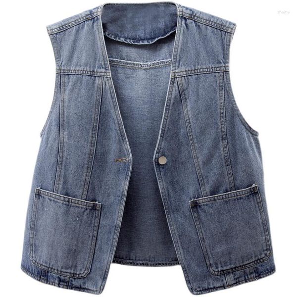 Serbatoi delle donne 2023 Estate Vintage Denim Gilet Donna Moda Tasca con scollo a V Giacca senza maniche Donna Jeans larghi Gilet Donna Marea H2450