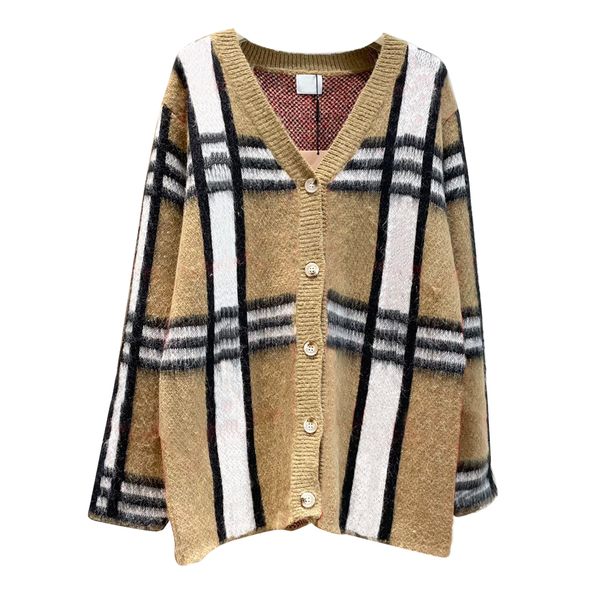 Outono inverno malha cardigan feminino designer lã mohair malhas camisola clássica treliça manga longa botão cáqui malhas szfp104119 moda casual casaco de malha