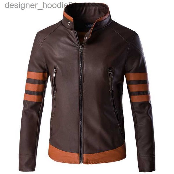 Pele dos homens da pele do falso logan mens jaqueta de couro do plutônio motociclista streetwear inverno masculino listrado jaqueta com painéis tamanho asiático M-5XL l230913