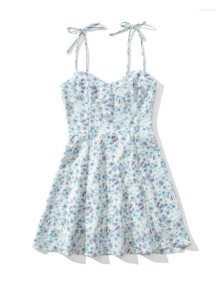 Vestidos casuais chique senhora verão flor impressão cintura alta curto estilingue vestido meninas sem alças elegante azul mini mulheres vintage magro