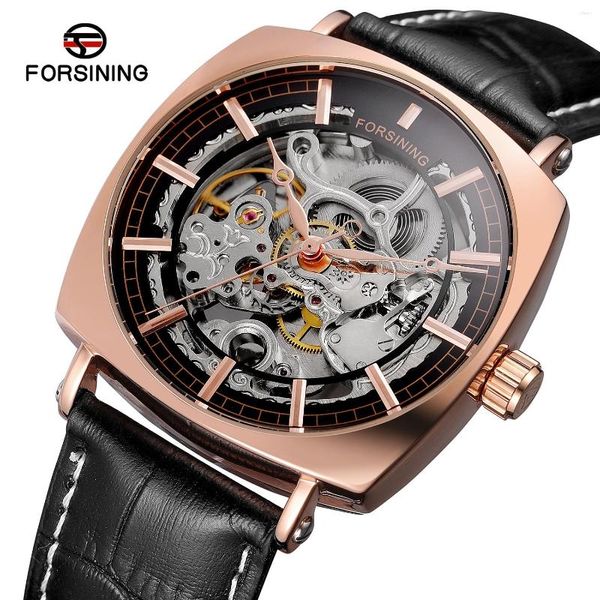 Orologi da polso Forsining Top Brand Classico orologio meccanico scheletrato di lusso dorato Impermeabile Orologi da polso da uomo in vera pelle nera maschile