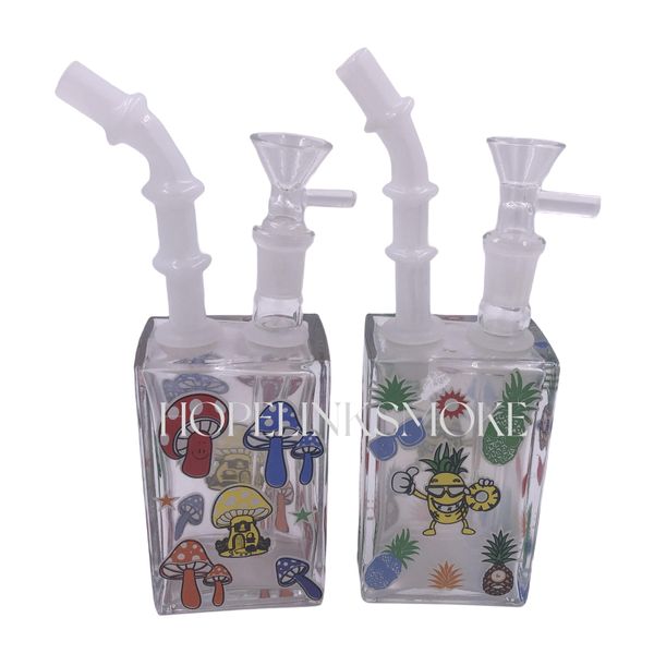 4in Cuboid Glass Bottle Water Pipes Bongos para fumar com padrões de cogumelo ou abacaxi removível Downstem e Bocal