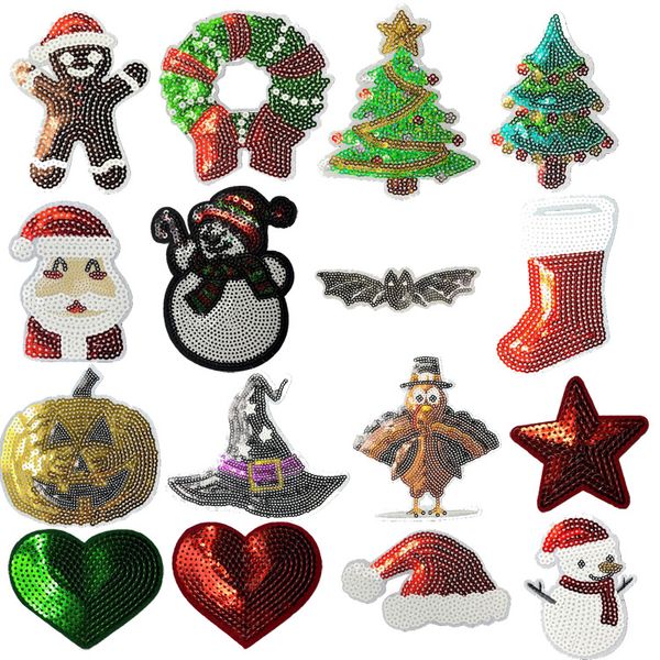 Notions Iron on Patches Lantejoulas Árvore de Natal Patches bordados Glitter Gingerbread Man Santa Costura Apliques para roupas Jeans Chapéu Suéter Decorações