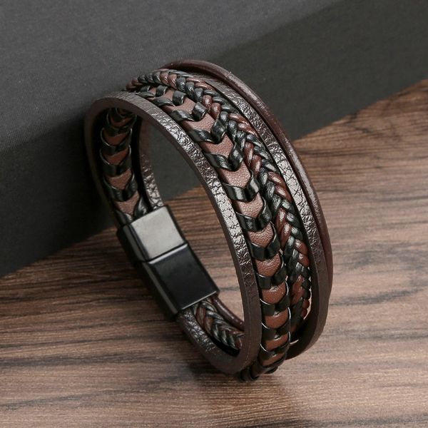 Envoltório multi-camada cabo de couro trançado pulseira de aço inoxidável fivela magnética pulseiras pulseira manguito rua moda jóias