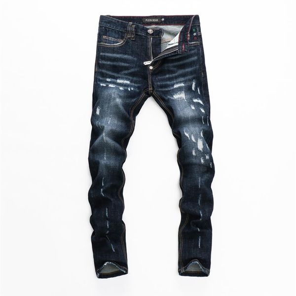 PLEIN BEAR Moda classica PP Jeans da uomo Rock Moto Pantaloni da uomo dal design casual strappati Jeans da motociclista in denim skinny effetto consumato 1575132421