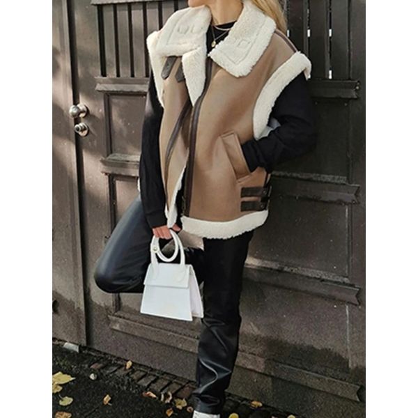 Gilet da donna Autunno Inverno Donna Gilet di pelliccia High Street Femminile Finta pelle di pecora Gilet di pelliccia Chic Pile spesso caldo senza maniche Outwear 230912