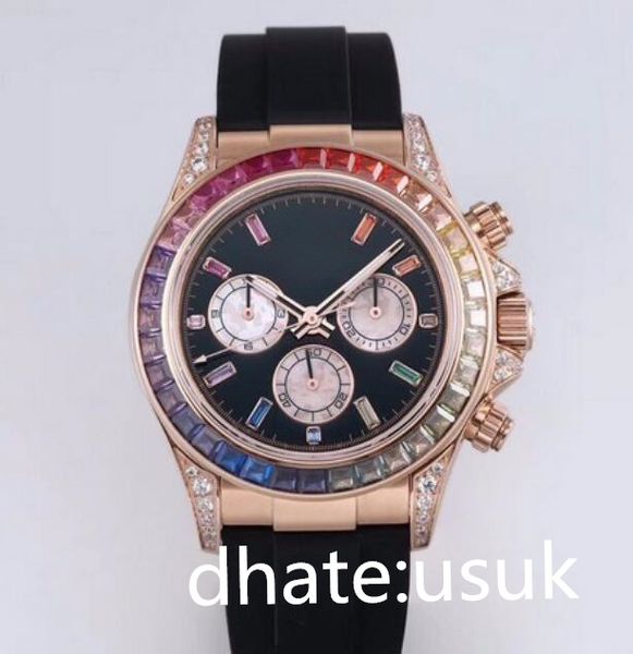 Orologi da uomo Orologio meccanico automatico di migliore qualità 40 mm Senza cronografo Cinturino in caucciù Arcobaleno Diamanti Lunetta Orologi da polso da uomo impermeabili in oro rosa