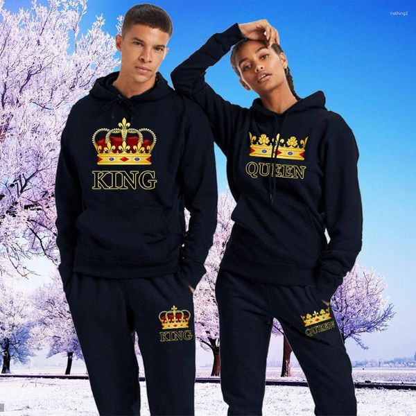 Tracksuits masculinos homens e mulheres amantes casais sportwear conjunto coroa impressão com capuz moletom sweatpant terno calças com capuz streetwear