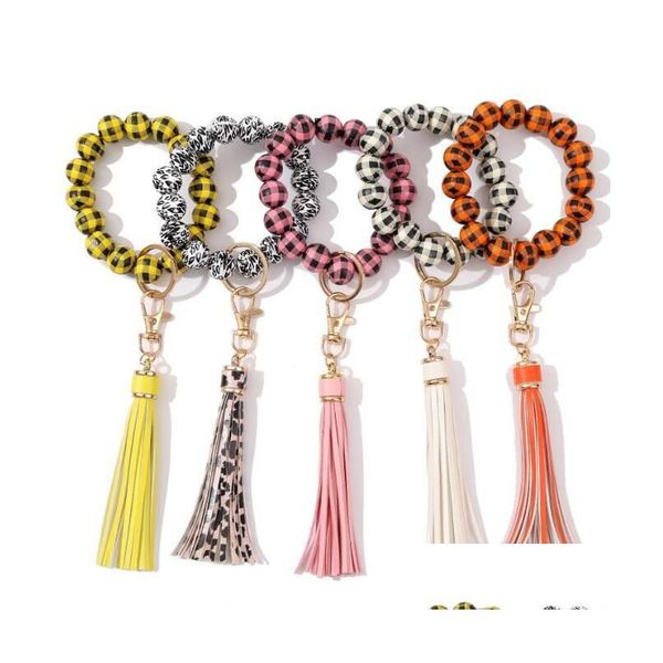 Plaid Leopard Pattern Bracelet Keychain Tassel Wooden Bead Bangle Pendant Anti-Loss Keyring Bag Ornament Drop Delivery
