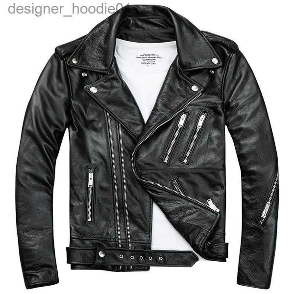 Männer Pelz Kunstpelz Herren Schwarz Biker Leder Jacken Mäntel Doppel Diagonalen Reißverschluss Rindsleder Slim Fit Kurze Motorrad Mäntel männlichen Tops L230913