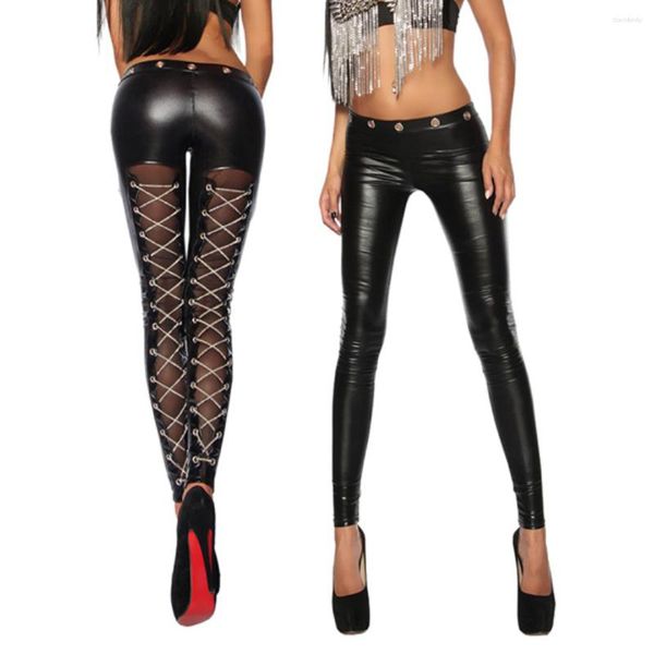 Leggings femininas wetlook com rede e correntes rendas nas costas calças de cintura baixa sexy clubwear