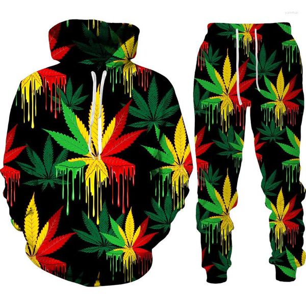 Conjuntos de moletom de treino masculino 3d impressão colorida folhas de plantas com capuz agasalho 2 peça conjunto crianças sportwear masculino feminino unisex terno