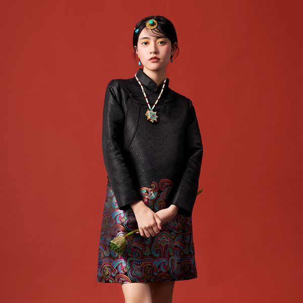 Abbigliamento di tendenza del Nepal Tibet Migliorato stile etnico del vestito Tang Abito da ragazza Tradizionale Cheongsam nero Aree tibetane Abbigliamento quotidiano