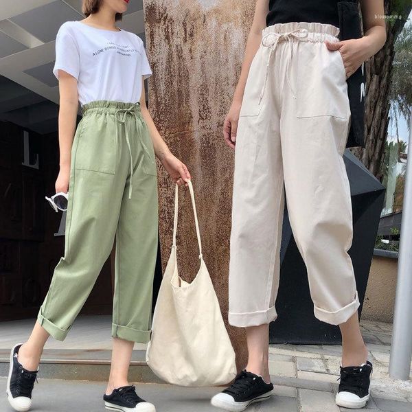 Calças femininas cordão elástico cintura alta casual verão meninas coreano haren pant rendas bolsos soltos tornozelo comprimento