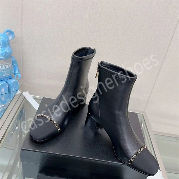 Botas curtas de salto quadrado moda designer mulher couro genuíno meados de bezerro botas de salto grosso marca feminina ao ar livre outono festa vestido sapatos corrente decort bombas