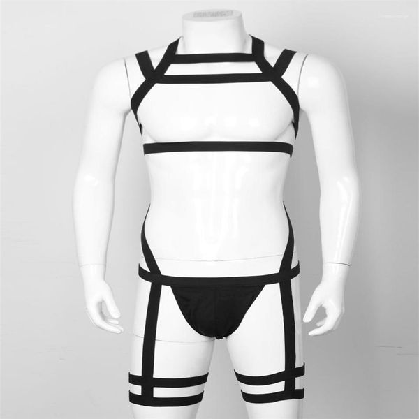 Masculino g-strings masculino elástico tiras corpo peito arnês bondage exótico jockstraps tanga roupa interior lingerie teddies236g