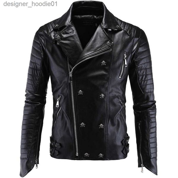 Pelliccia da uomo Pelliccia sintetica Uomo PU Giacca in pelle Biker Streetwear Inverno Maschile Giacca stile punk con bottoni a forma di teschio Cerniere Taglia asiatica M-5XL L230913