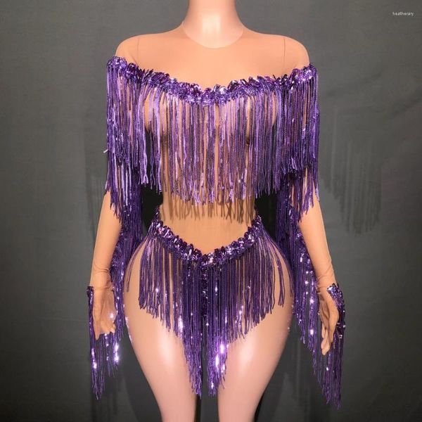 Palco desgaste 3 cores strass lantejoulas borla collant sexy malha transparente dança desempenho traje boate bodysuit mostrar