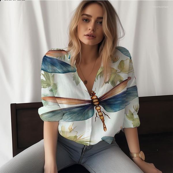 Blusas femininas verão senhoras camisa libélula 3d impresso senhora estilo casual moda na moda solta