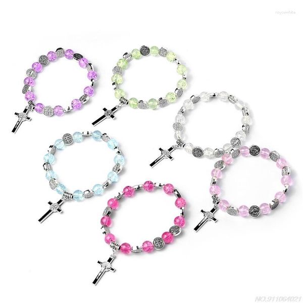 Braccialetti con ciondoli Bracciale con perline incrociate con rosario per donne Ragazza adolescente elasticizzato con pendente a forma di crocifisso
