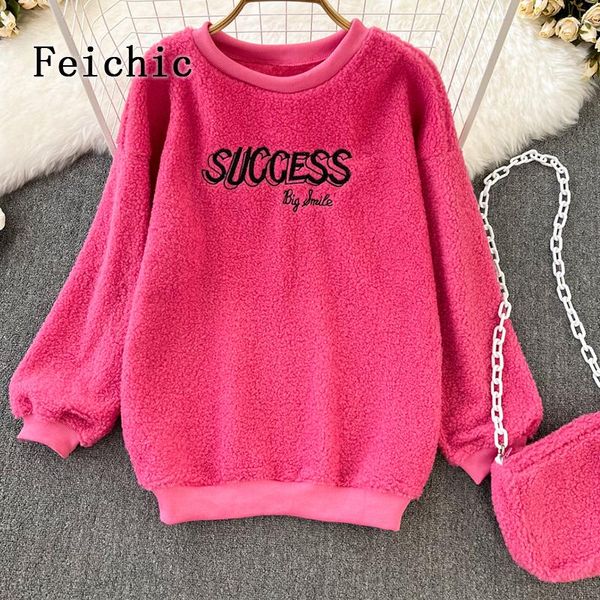 Hoodies femininos feichic coreano casual moletom bonito doce meninas inverno fuzzy moda bordado alfabeto solto pullovers streetwear mujer