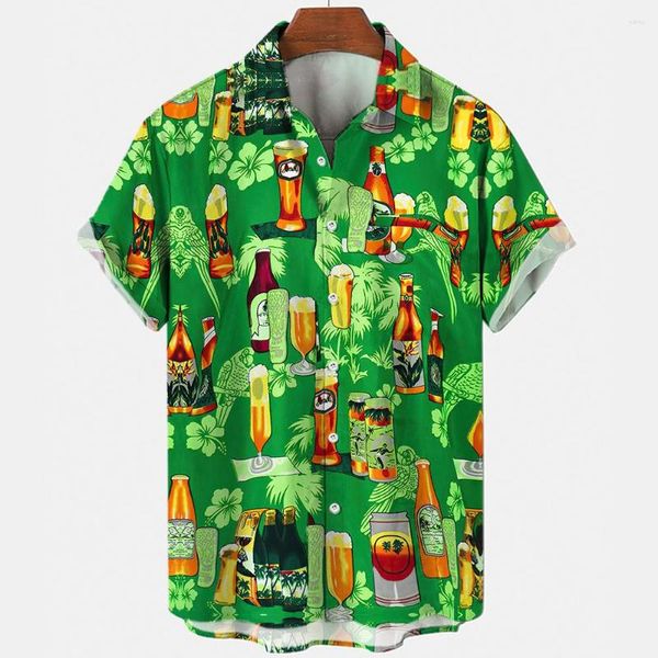 Camisas casuais masculinas legal cerveja copo gráfico para roupas masculinas 3d impresso havaiano praia camisa de manga curta y2k topos roupas vintage lapela