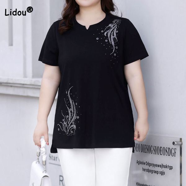 Mulheres Plus Size Camiseta Roupas de Verão para Mulheres Casual Diamantes Patchwork Manga Curta Moda Tripulação Pescoço Preto Pulôver Solto Tops 230912