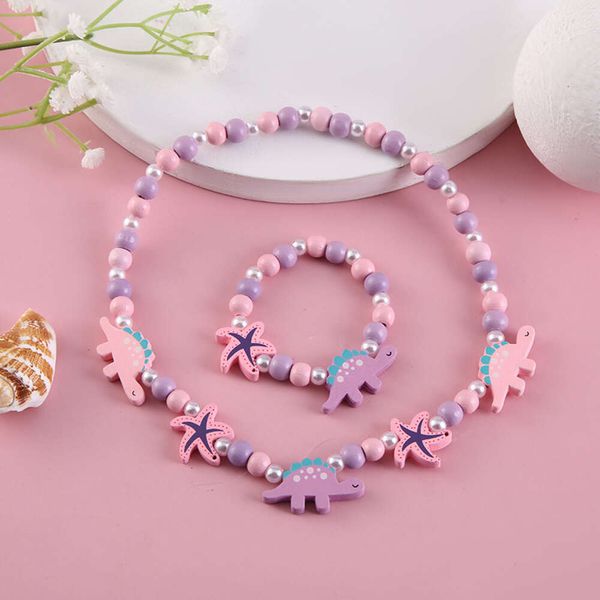 Mode Halskette Armband Sets Natürliche Holz Perlen Nette Cartoon-Muster Für Kinder Spielzeug Schmuck Mädchen Geburtstag Geschenk Schmuck Sets