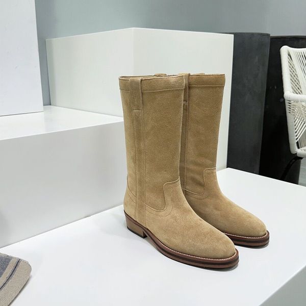 Cáqui nubuck couro plano e salto baixo cavaleiro meia botas simples moda botas de grife sapatos femininos fábrica