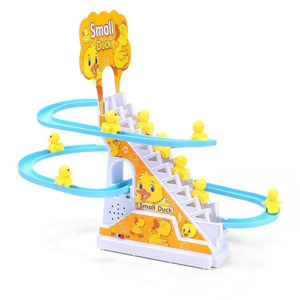 Brinquedos de escada de escalada para patos pequenos Conjunto de jogo de pista de corrida de perseguição elétrica Brinquedo divertido de montanha russa com 9 patos LED luzes piscantes Música divertida Subida de escada de pato