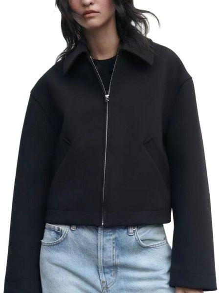 Женские куртки 2023, весенне-осенняя модная женская элегантная куртка-бомбер с лацканами на молнии, однотонная черная куртка-бомбер, женская повседневная ветровка с длинными рукавами, короткие пальто 230912