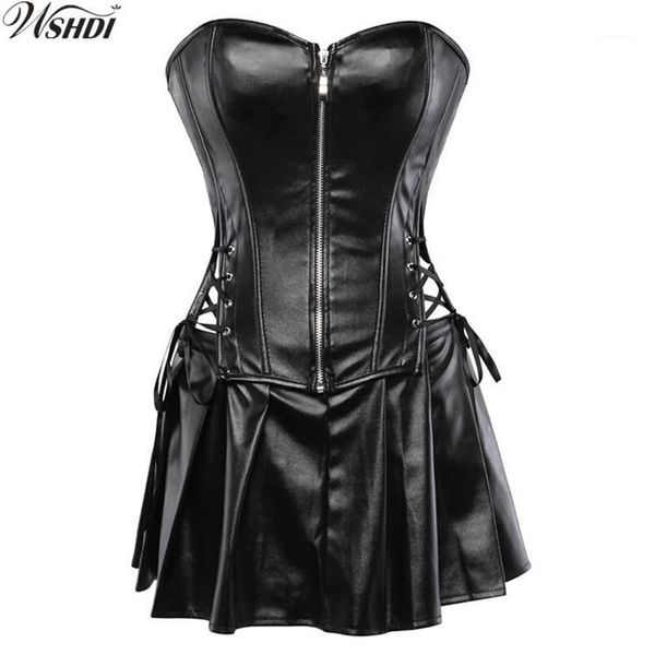 Черное платье-корсет из искусственной кожи с баскской мини-юбкой с завышенной талией, сексуальное женское белье, обтягивающий костюм, ночное белье, S-6XL, большие размеры 12125