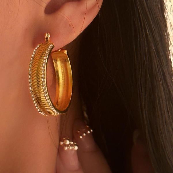 Brincos de argola dourados de aço inoxidável para mulheres, círculo grande redondo, anéis de orelha, zircônia branca, acessórios steampunk, joias