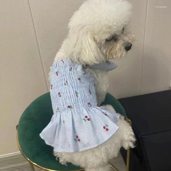 Vestuário para cães roupas para animais de estimação xadrez suspender vestido para cães roupas gato pequeno cereja impressão saia plissada fina verão menina produtos 2023