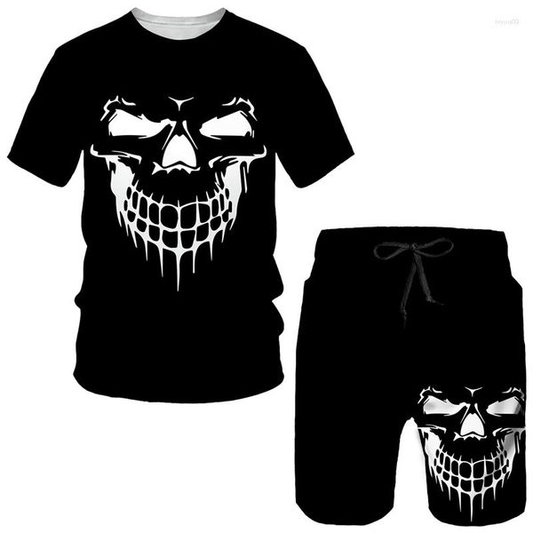 Tute da uomo Estate Punk Teschio Stampa 3D Set da 2 pezzi Tuta sportiva a maniche corte T-shirt grafica gotica/pantaloncini/abito Abiti maschili