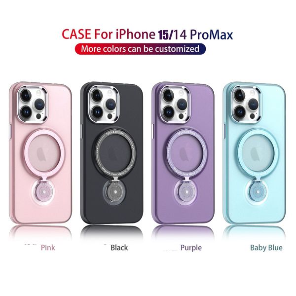 Capas foscas com suporte de rotação de 360 ° para iPhone 15 14 13 Promax 12 11 Pro Max 14Plus Magsafe Suporte de carregamento magnético sem fio Capa de telefone Capa de proteção de moldura de lente de metal