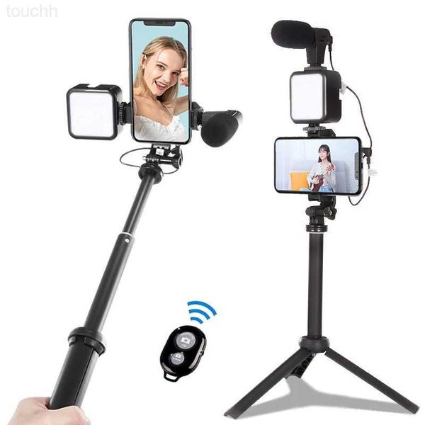 Selfie Monopiedi LED Luce di riempimento Microfono Treppiede portatile Video live Supporto per telefono Fotografia Selfie Stick Registrazione Maniglia Stabilizzatore Bluetooth L230913