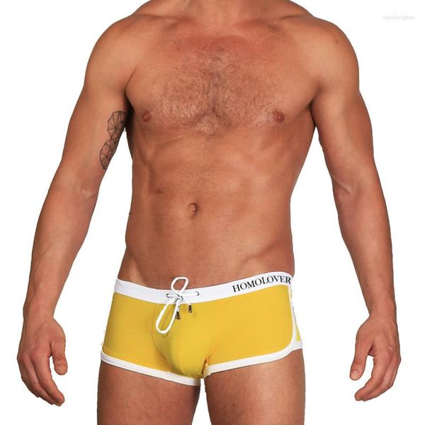 Cuecas masculinas shorts de corte quadrado ajustável cordão troncos de natação amarelo rosa S-L tamanhos maiôs todas as estações boxers curtos homolover