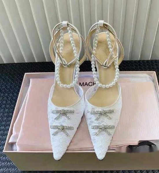 Mach duplo arco strass branco bombas de renda sapatos carretel saltos sandálias femininas vestido sapato pérola tornozelo cinta sandália calçados de fábrica