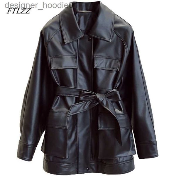 Мужское пальто из искусственного меха FTLZZ, тонкое пальто из искусственной кожи, куртки из искусственной кожи, винтажные мотобайкеры, элегантный пояс с завязками, поясные карманы, пуговицы, пальто 211110 L230913