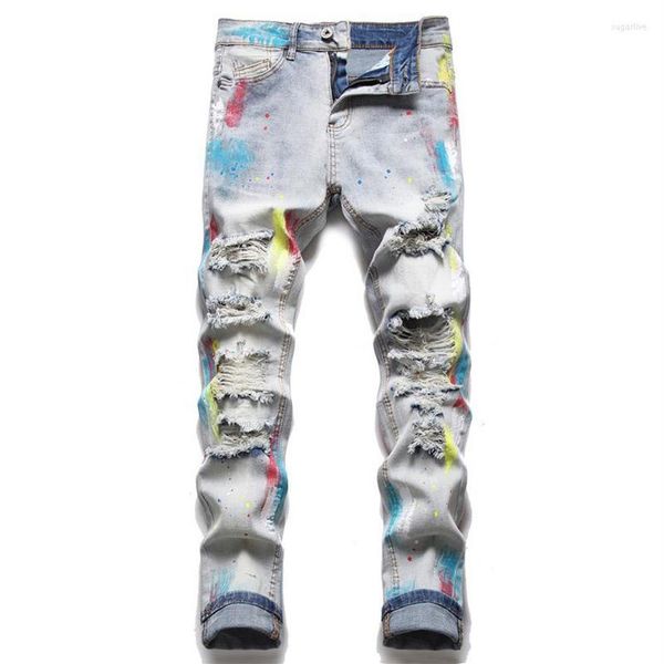 Jeans masculinos respingo-tinta escova pintura arco-íris rasgado guarnição algodão macio estiramento temporada luz azul gato whisker etiqueta high street fa251v