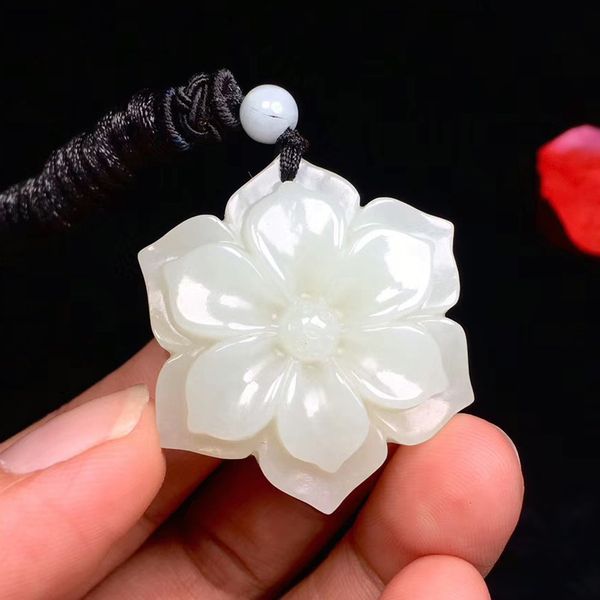 Natural branco jade flor pingente jadeite colar charme jóias acessórios de moda mão-esculpida sorte amuleto