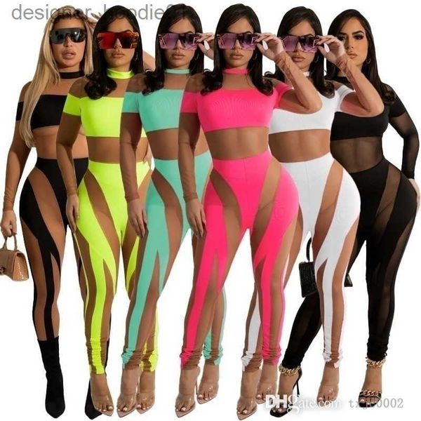 Macacões femininos macacão 2022 designer plus size macacões para mulheres sexy malha manga longa emenda calças puras ver através de leggings senhoras macacões l230913