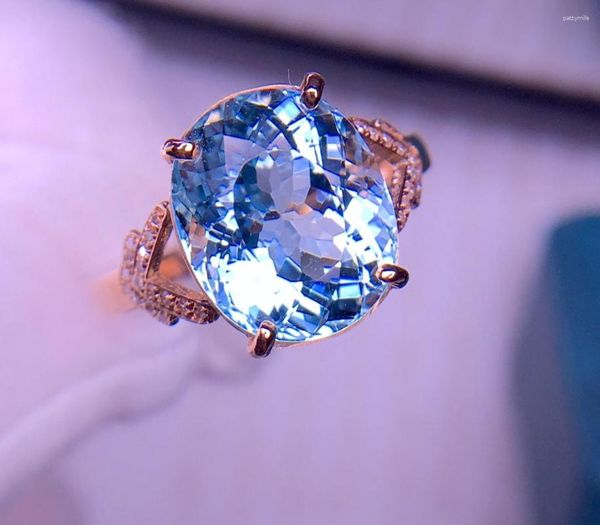 Anéis de cluster E2023 Anel Aquamarine Fine Jewelry Pure 18k Ouro Natural 5ct Pedras Preciosas Para Mulheres Presentes de Aniversário