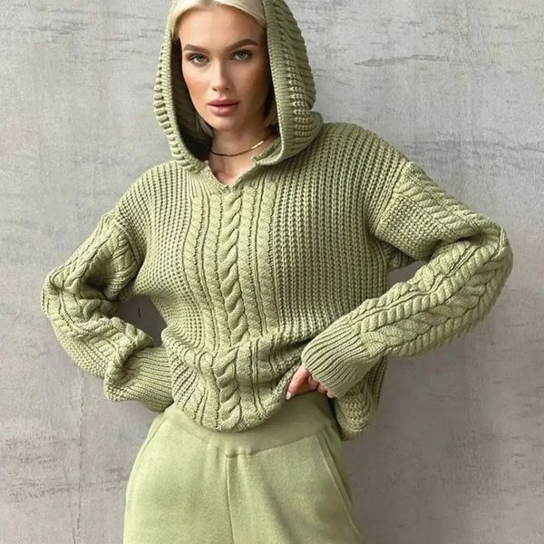 Maglioni di lana Donna Casual Maglione lavorato a maglia con cappuccio Pullover a maniche lunghe Top Nave libera