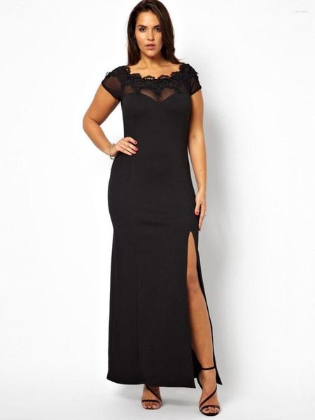 Plus size vestidos elegantes verão manga curta renda guarnição vestido de festa feminino preto longo maxi fenda roupas de noite